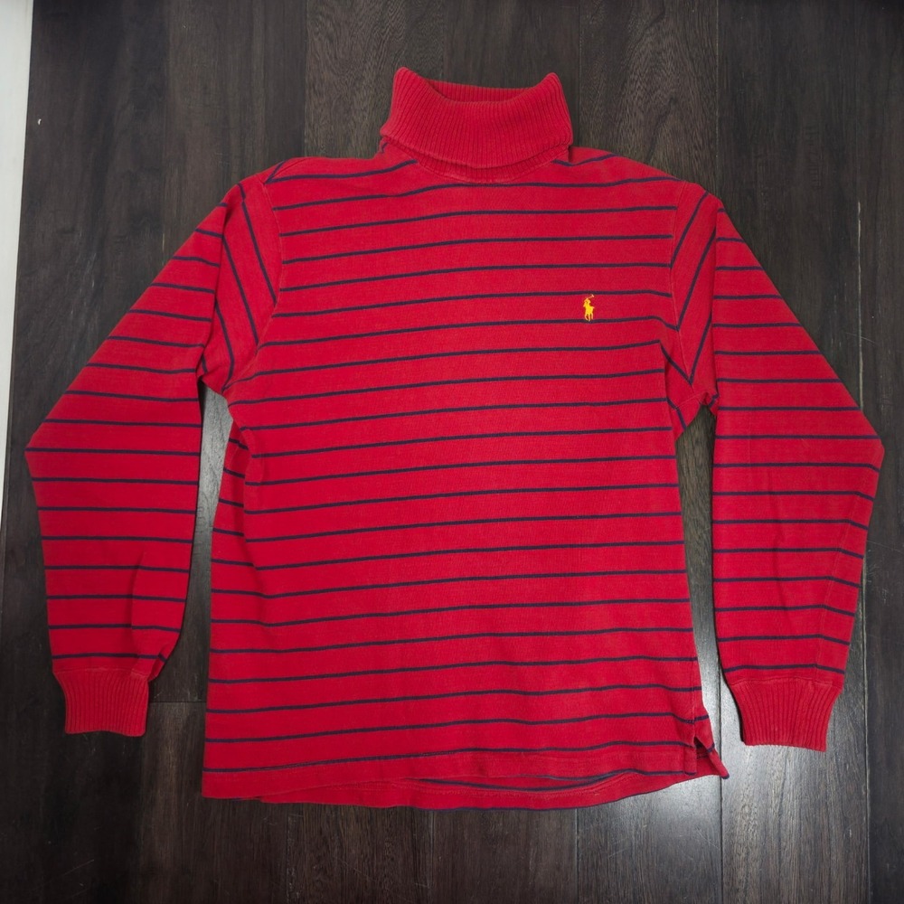 Vintage Polo Ralph Lauren Long Sleeve Turtleneck Shirt Red Blue Stripe Med USA